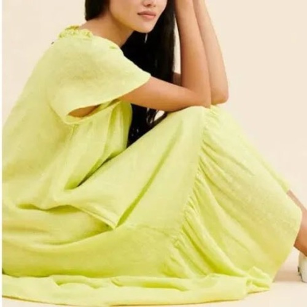 Maeve Anthropologie Yellow Ruffle Neck Tiered Maxi Dress Small